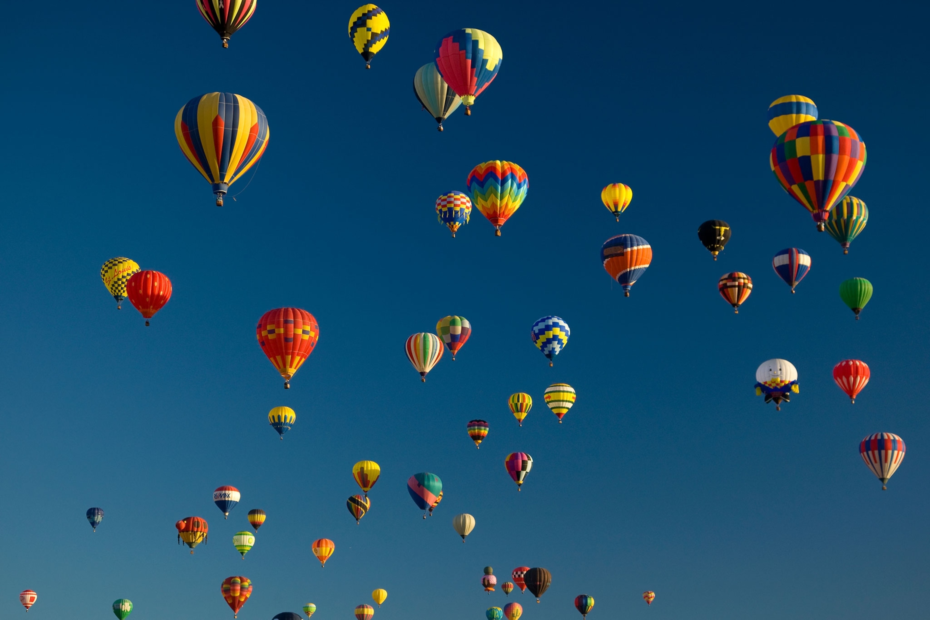 Vibrant hot air balloons in a clear blue sky